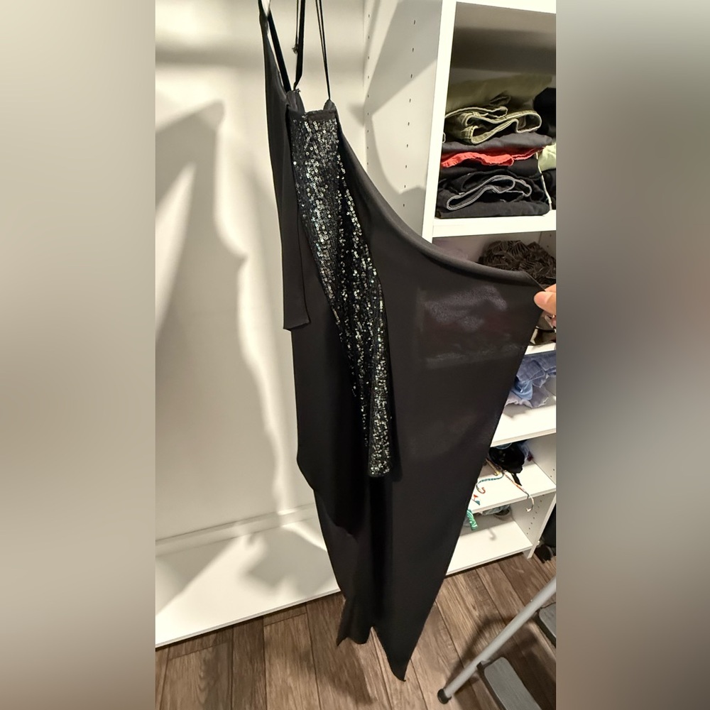 BCBGMaxAzria Black One Shoulder Dress with Sequin Detail and leg slit!